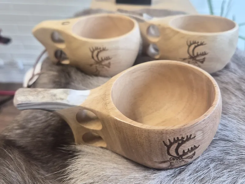 Kuksa cup with two fingered hand- laser-etched reindeer